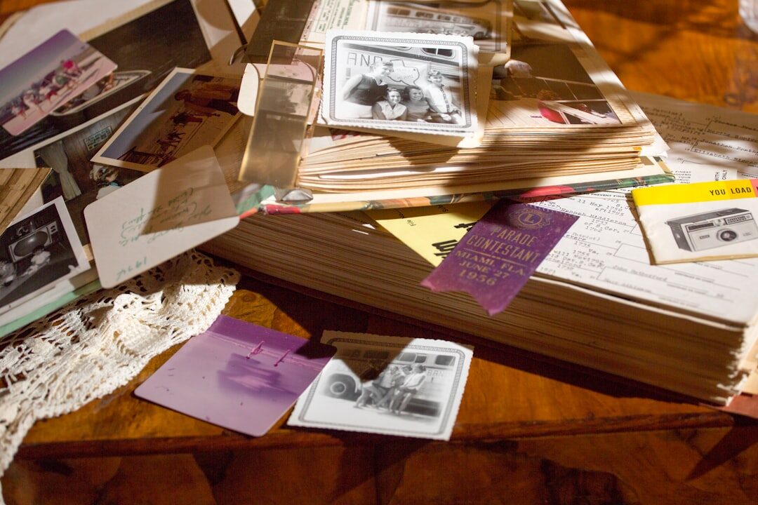 Press clippings and photographs being sorted